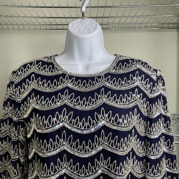 Vintage Frank Usher Women's‎ Navy Silver Details Silk Beaded Top Size S Dressy - Picture 8 of 12
